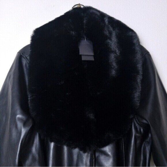 NWT BlankNYC In The Moment Faux Fur Vegan Leather Trench Coat XL Black Belted - Picture 7 of 15